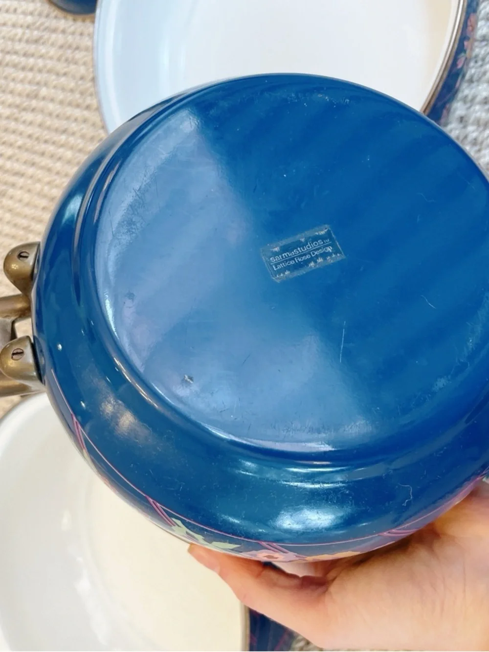 Vintage Sarma Studios Floral Enamel Cookware Set Blue Pots 3pc 2x 10” & 8” w lid